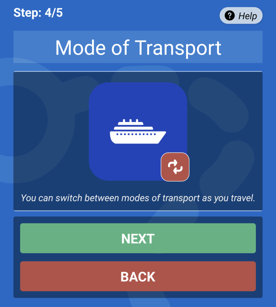 Mode of transport screen